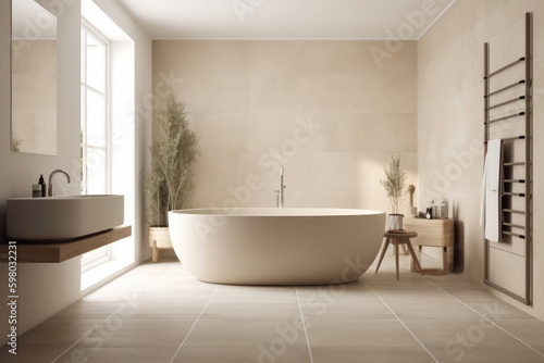 Add a touch of sophistication to your bathroom with this elegant tub and beautiful sink. AI Generative. Generative AI