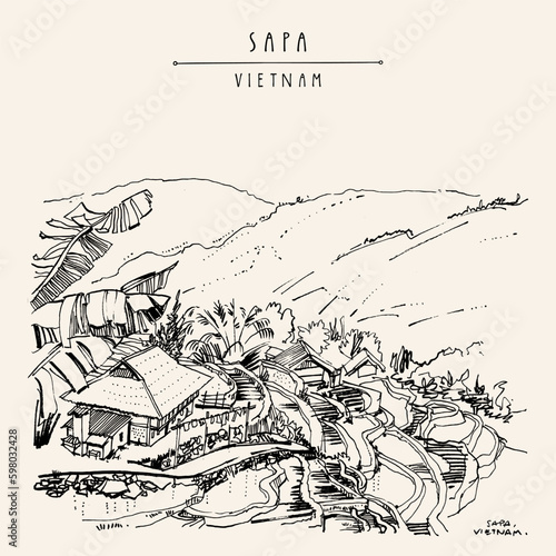 Vector Sapa, Vietnam, Southeast Asia vintage hand drawn postcard. Rice fields and misty mountains, popular tourist trekking destination. Rice terraces travel sketch, artistic poster in retro style