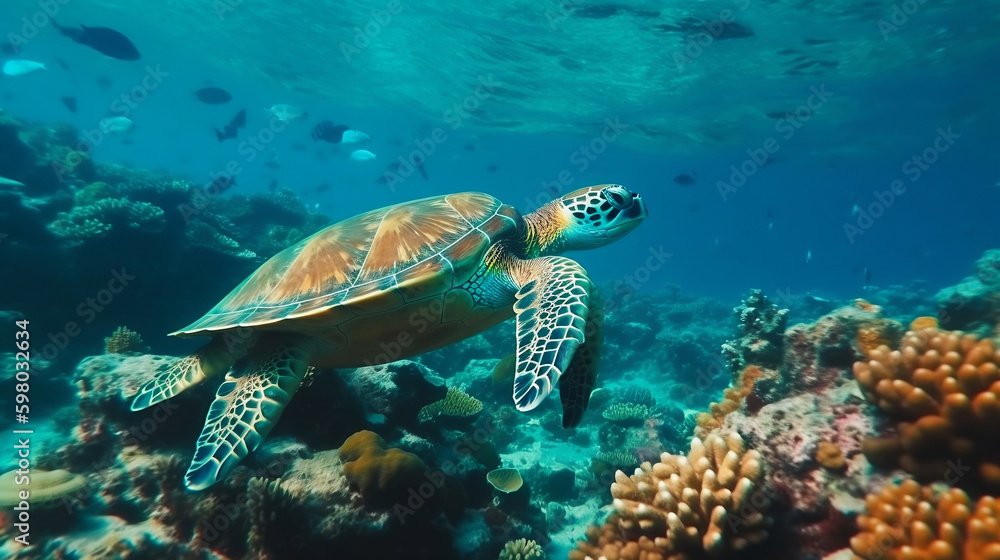 Colorful tropical fish and turtle life in the coral reef, animals of the underwater sea world. Generative ai