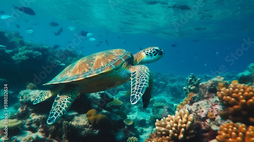 Colorful tropical fish and turtle life in the coral reef, animals of the underwater sea world. Generative ai