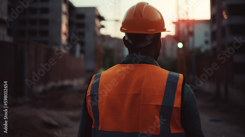 Construction worker holding his helmet and wearing fluorescent waistcoat while looking at construction site. Occupational Safety and Health. Generative ai