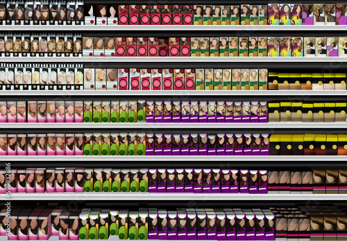 Hair color brandless faceless packaging mockup on shelf at supermarket