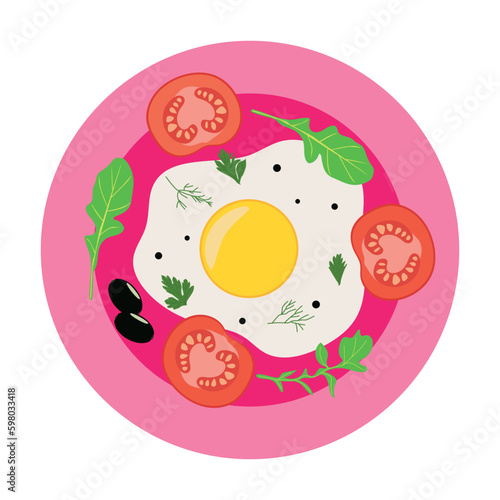 Delicious healthy breakfast - egg with tomatoes and herbs on a plate. Delicious and nutritious morning meal. Vector illustration.