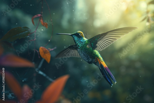 A vibrant and colorful hummingbird perched on a branch in the heart of a lush forest. Nature's beauty captured in this stunning photograph. AI Generative. Generative AI © sorapop
