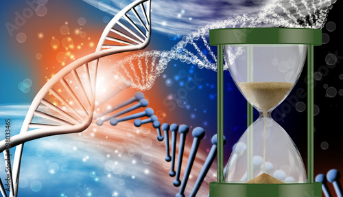 hourglass on the background of abstract stylized dna chains