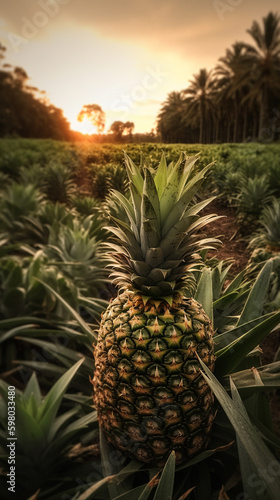 Pineapple plantations on Bali Island, Indonesia Pineapples are growing on the ground.