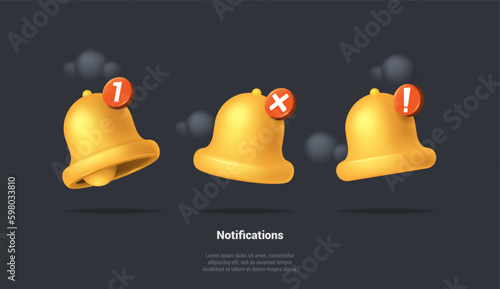 Update Time Creative Concept. Realistic Notification Bell, 3d Render Yellow Ringing Bell With New Notification For Social Media Reminder. Subscribe Reminders Bell. Vector 3d Cartoon Illustrations Set