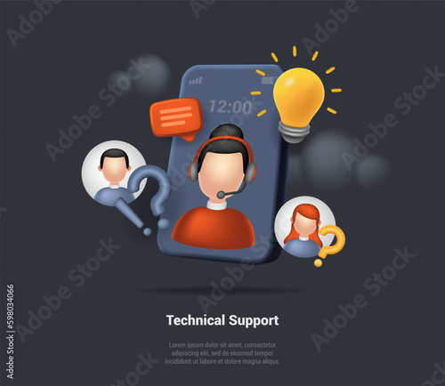 Concept Of Call Center, Technical Support 24 7. Hotline Operator Advise Customers. Woman Virtual Online Consultant In Headphones Helping Customer To Solve Problems. 3d Realistic Vector Illustration