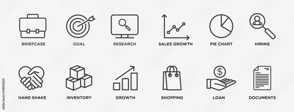 Business icon set. briefcase, goal, research, sales growth, pie chart, hiring, handshake, inventory, growth, shopping, loan, and documents outlined vector icon collection. 