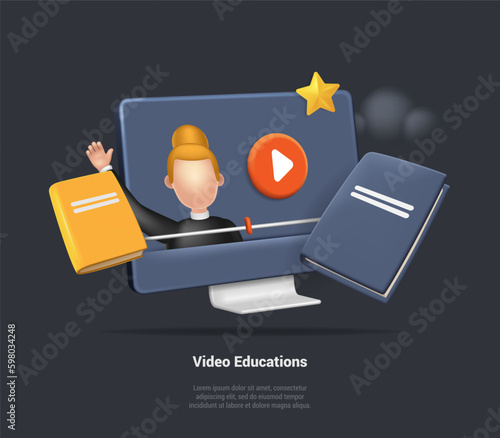Concept Of Distance Online E-Learning, Video Education, Virtual Teacher Woman Avatar On Monitor Screen With Different Icons. Online Education, Web Courses, Tutorials. 3d Realistic Vector Illustration