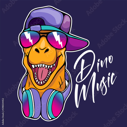 Art. Cool cartoon dinosaur is listens to music. Design of kid poster, t-shirt, prints, closure of children's, fabric. Vector illustration. Dinosaur T-rex. print