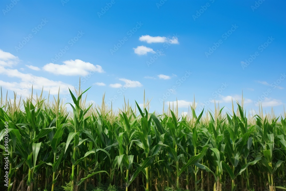 A field of green corn stalks with a blue sky in the background A field of green corn stalks with a blue sky in the background