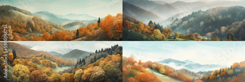 With a 10:3 aspect ratio, these four frames of optimized homepage banner background images feature ultra-realistic illustrations, textures, and scenes of autumn, hills, and forests. Generative AI 