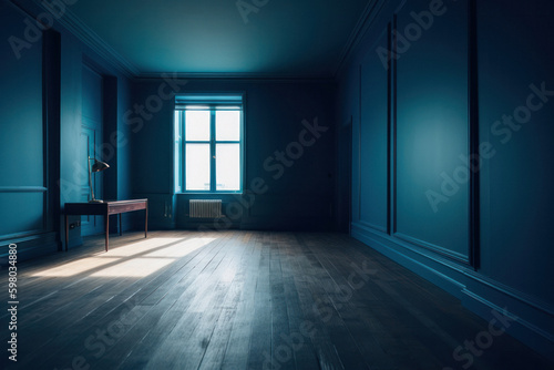 Serene Blue Room with Minimalistic Wall Illuminated by Light and Shadow