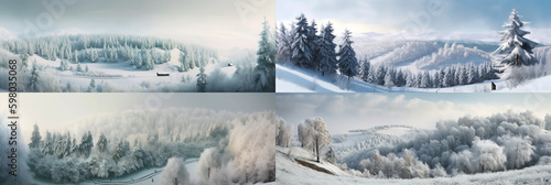 Optimized for homepage banner backgrounds, four frames of 10:3 ratio images feature winter scenes of snow-covered hills and forests with added textures. Generative AI 