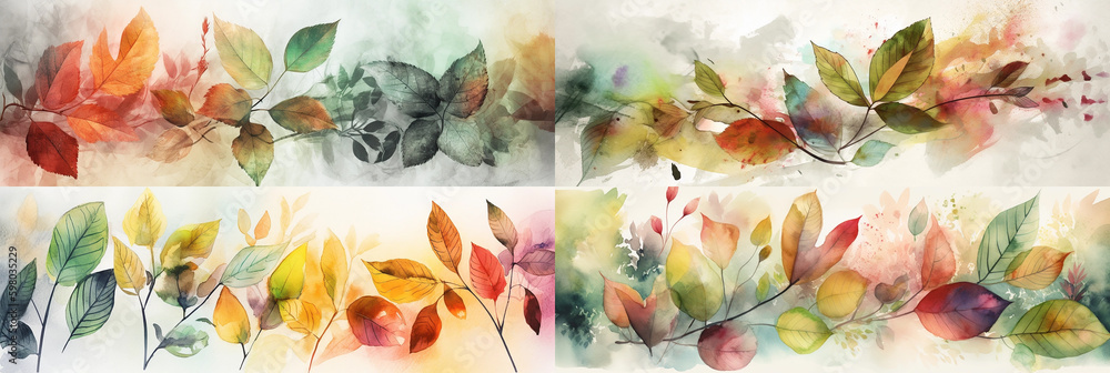 Fototapeta premium Showcasing the stunning colors of autumn, the homepage banner features four frames of 10:3 ratio, each showcasing delicate illustrations and textures of autumn leaves. Generative AI 