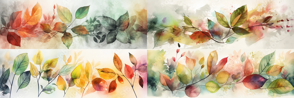 The beauty of autumn is captured in four frames of 10:3 ratio, optimized for homepage banner images that feature delicate illustrations and textures of autumn leaves.  Generative AI 
