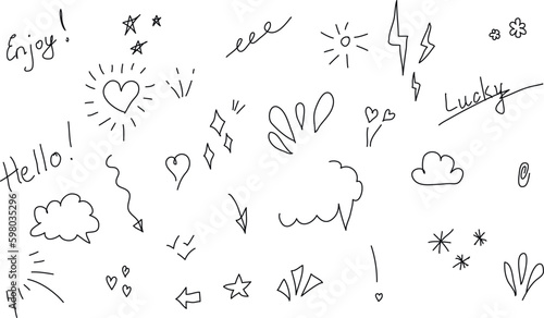 Doodle cute pen line elements. Doodle heart, arrow, star, sparkle decoration symbol set icon. Simple sketch line style emphasis, attention, pattern elements. Vector illustration.