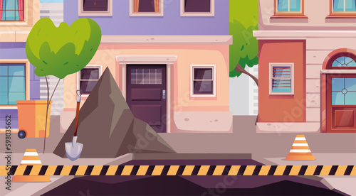 Road city construction highway street repair roadwork concept. Vector graphic design illustration
