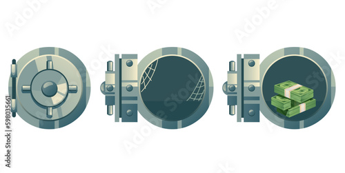 Safe box open full of money and empty bank security isolated set. Vector graphic design illustration
