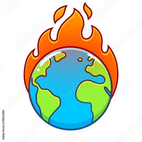 Cartoon Earth on fire, global warming illustration