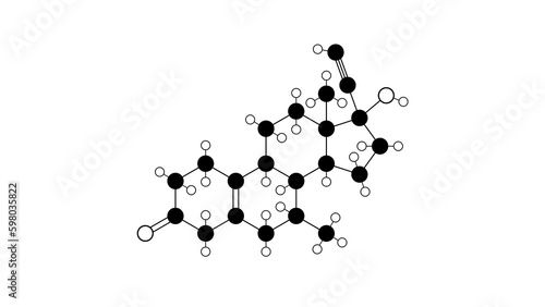 tibolone molecule, structural chemical formula, ball-and-stick model, isolated image