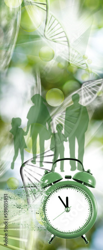 image of a collapsing clock, from which particles come off against the background of stylized DNA chains and silhouettes of a walking family with children
