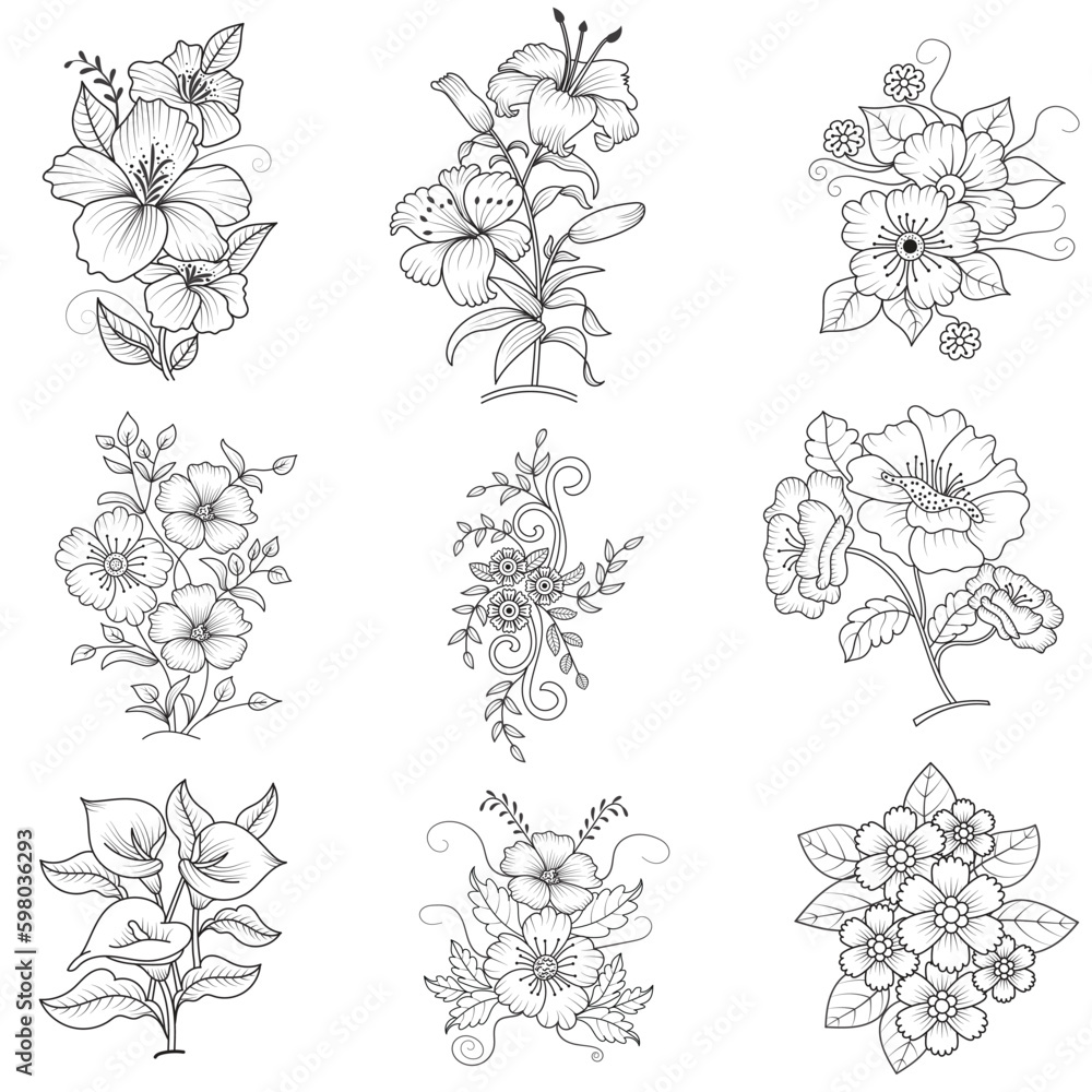 Set of different flower line on white background. Flowers drawing with line-art on white backgrounds. Set of different flower line on white background. Flowers drawing with line-art on white backgrounds.