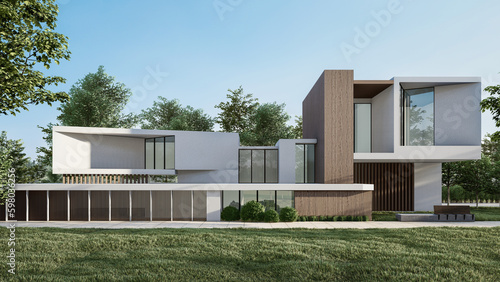 Fototapeta Naklejka Na Ścianę i Meble -  Architecture 3d rendering illustration of minimal modern house 