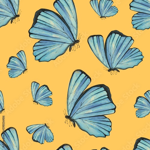 Seamless Pattern Blue butterfly on the yellow background 