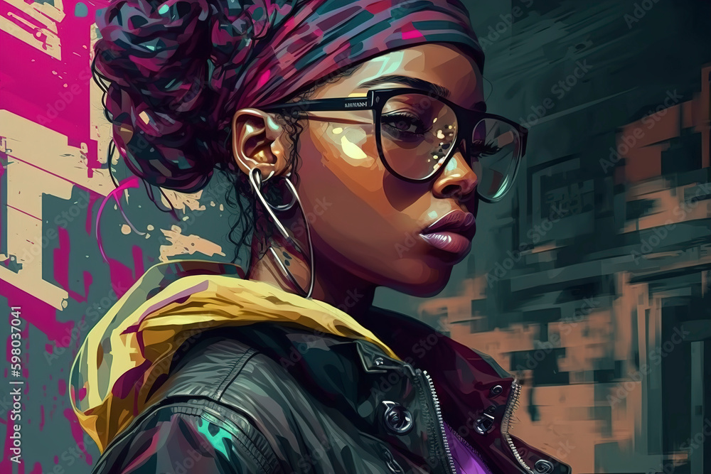 Beauty portrait of african american girl wearing glasses, hip-hop style, stylish fashionable afro-american girl, street wear style, generative ai