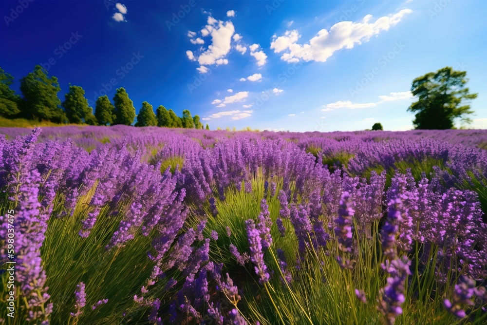 Fototapeta premium A field of purple lavender with a blue sky in the background