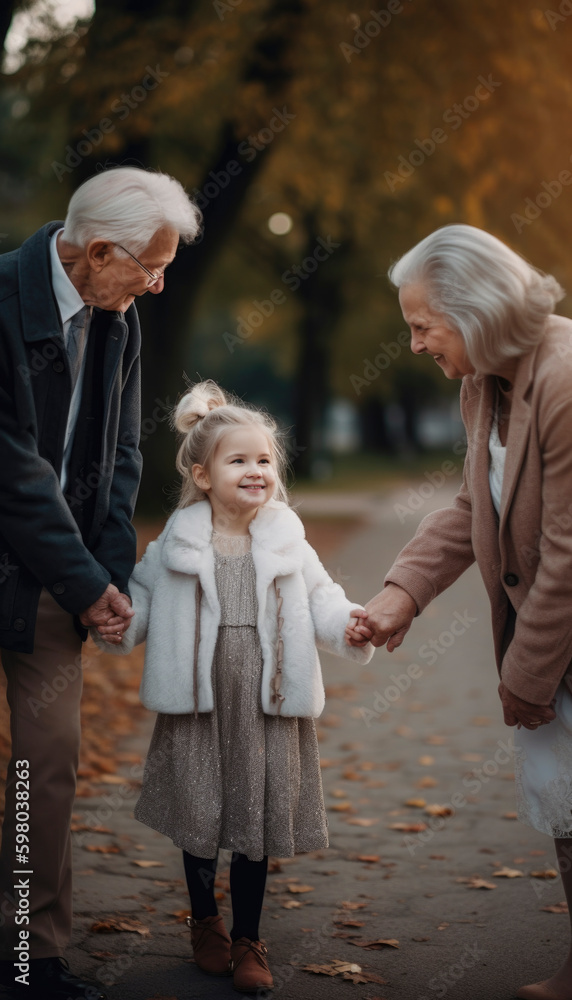 Grandparents spending time with their granddaughter. Family concept Generative AI illustrations