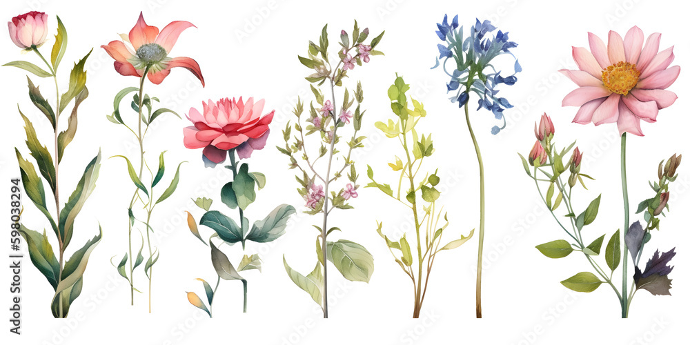 A watercolor set of different species of flowers