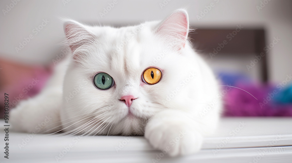 Süße weiße Perser Katze liegt auf dem Bett und blickt in die Kamera Nahaufnahme, ai generativ Süße weiße Perser Katze liegt auf dem Bett und blickt in die Kamera Nahaufnahme, ai generativ