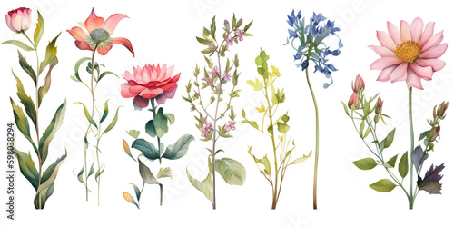 A watercolor set of different species of flowers