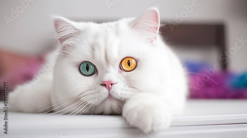 Süße weiße Perser Katze liegt auf dem Bett und blickt in die Kamera Nahaufnahme, ai generativ