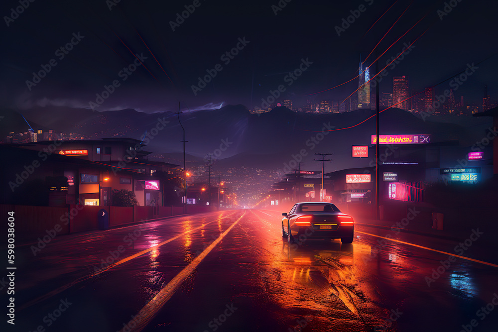 Evening cityscape, road and car, neon lights, lofi style 
 (generative AI)