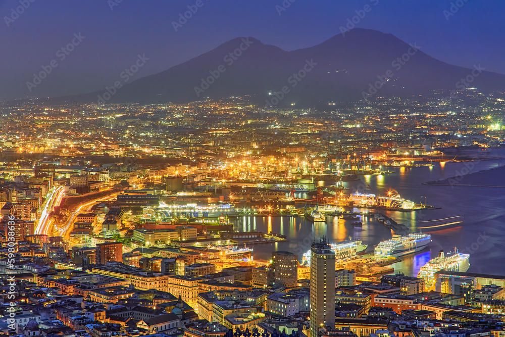 Panoramic scenic view of Naples at night, Italy