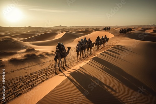 Journeying through the Sahara: A Camel Caravan Adventure, generative ai photo