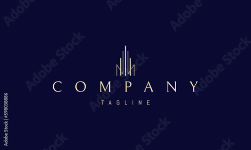 Vector golden logo on which an abstract image of a strictly skyscraper in the shape of the letter M.