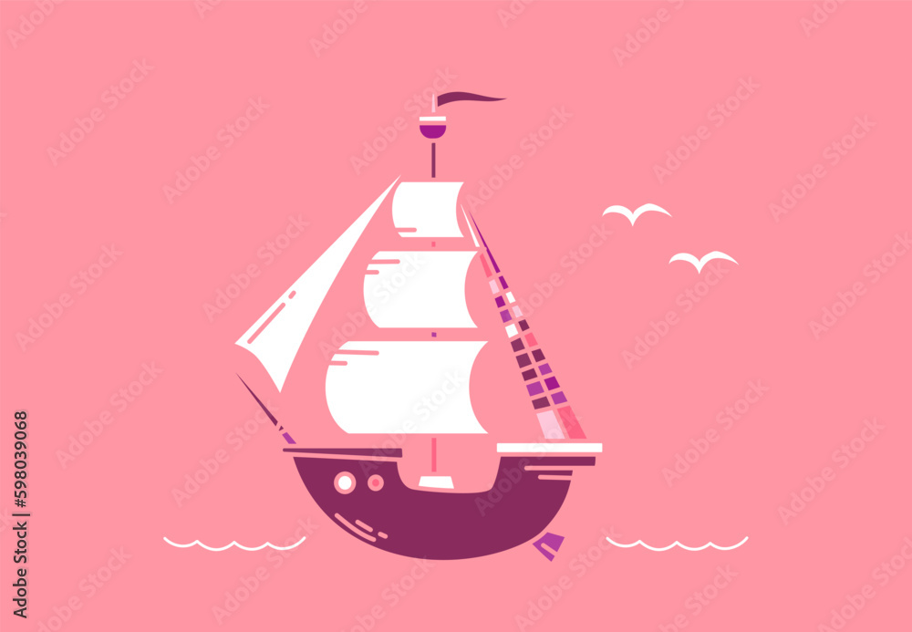 Vector sea illustration of old ship with sail on pink color background. Flat line art style design of ship with wave and gull Vector sea illustration of old ship with sail on pink color background. Flat line art style design of ship with wave and gull