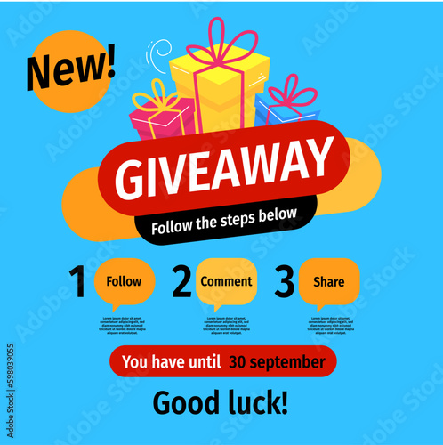 Vector quiz template with illustration of gift box on blue color background with word giveaway. Social media design for web, contest post