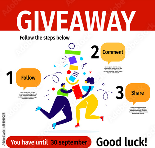 Vector quiz template with illustration of abstract people and box on white color background. Social media design with word giveaway for web, contest post