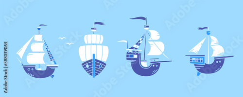 Vector set of illustration of old ship with white sail and wave on blue color background. Flat line art style design of different ship at sea