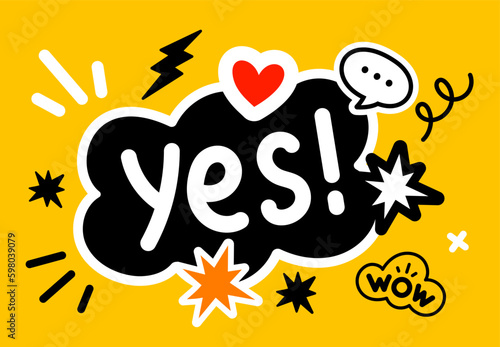 Vector illustration of word yes in cloud and flash  heart on black and yellow color background. Flat style design of word yes