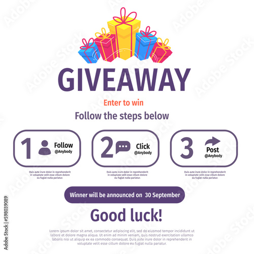 Vector quiz template with illustration of gift box on white color background. Social media design with word giveaway for web, contest post