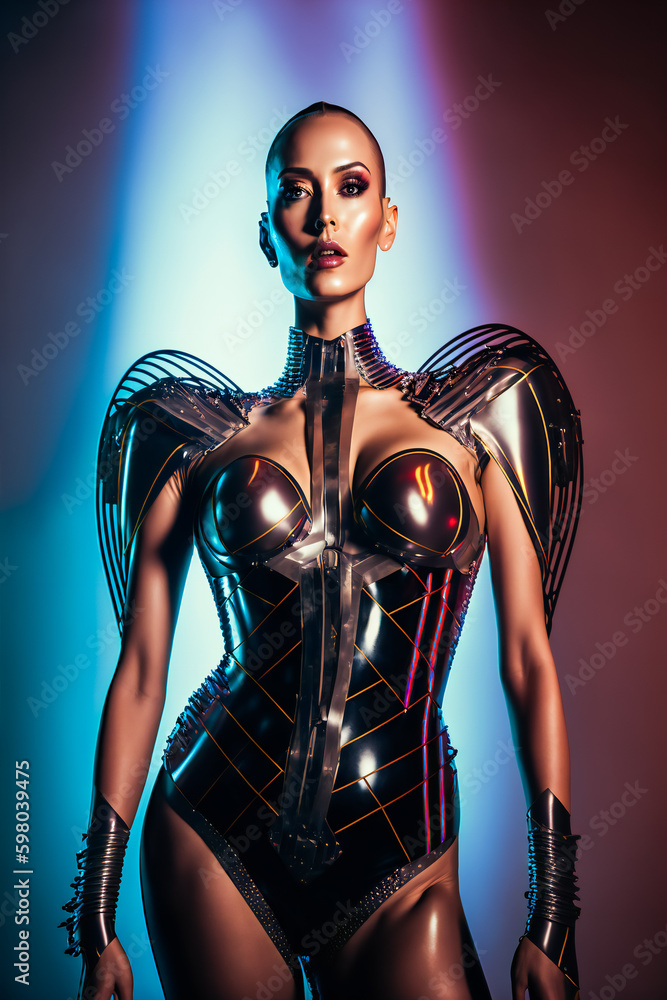 Stylish latex model.  Futuristic outfit.  Latex lady.  Generative AI.