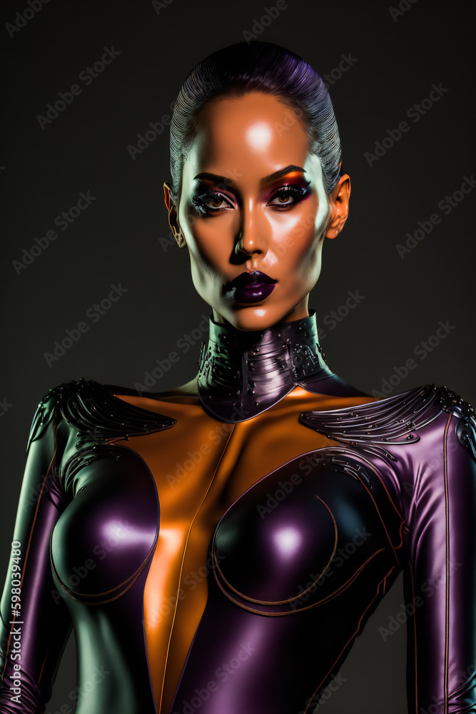 Fototapeta premium Stylish latex model. Futuristic outfit. Latex lady. Generative AI.