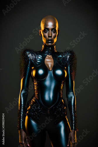 Stylish latex model. Futuristic outfit. Latex lady. Generative AI.